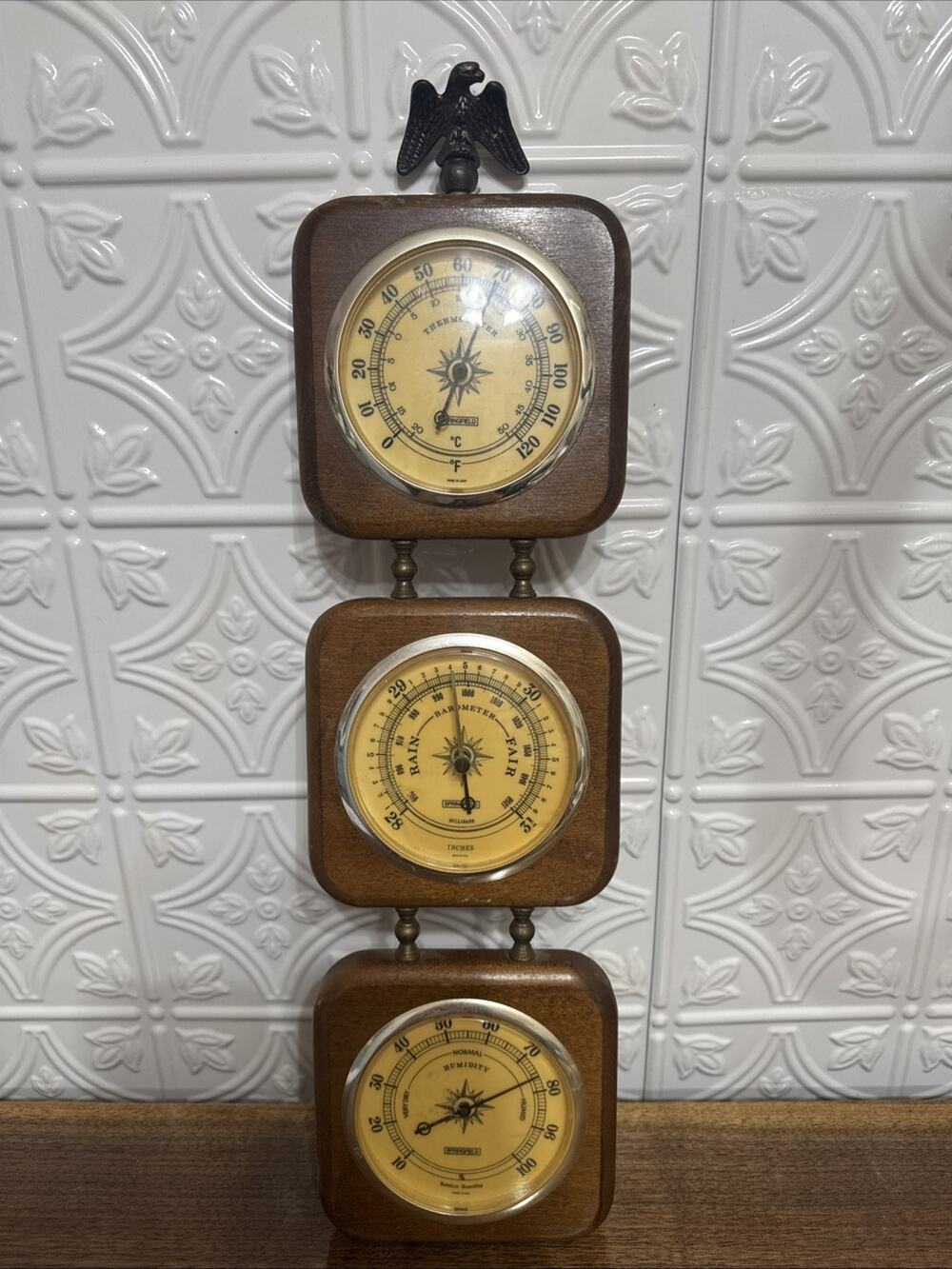 Springfield Wood Wall Weather Station 3-Dial Temp/Barometer/Humidity Eagle
